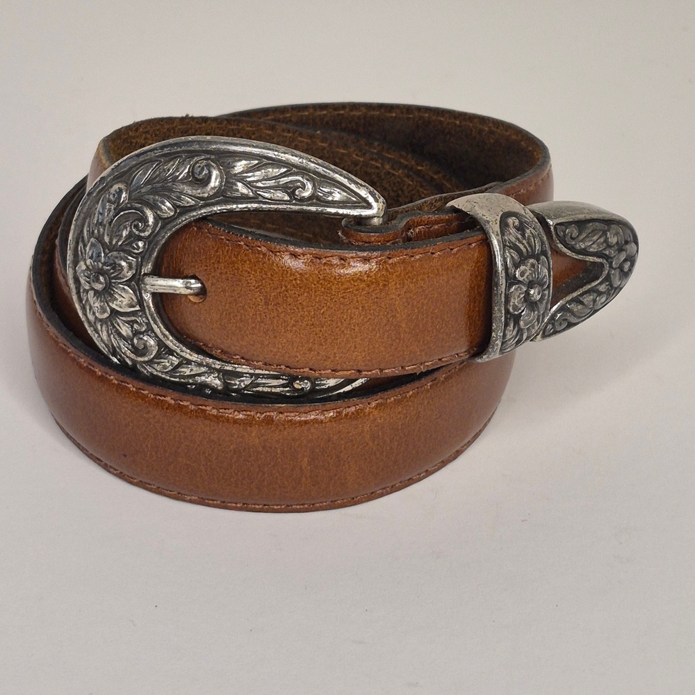 Vintage Amiee Lynn 90s Western Leather Belt Silver Floral Engraved Buckle M